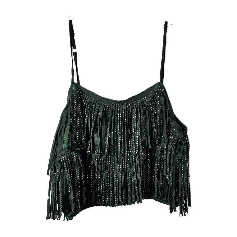 DH Apparel Rhinestone Fringed Crop Tank Top Eden Green Sz Small Adjustable Strap